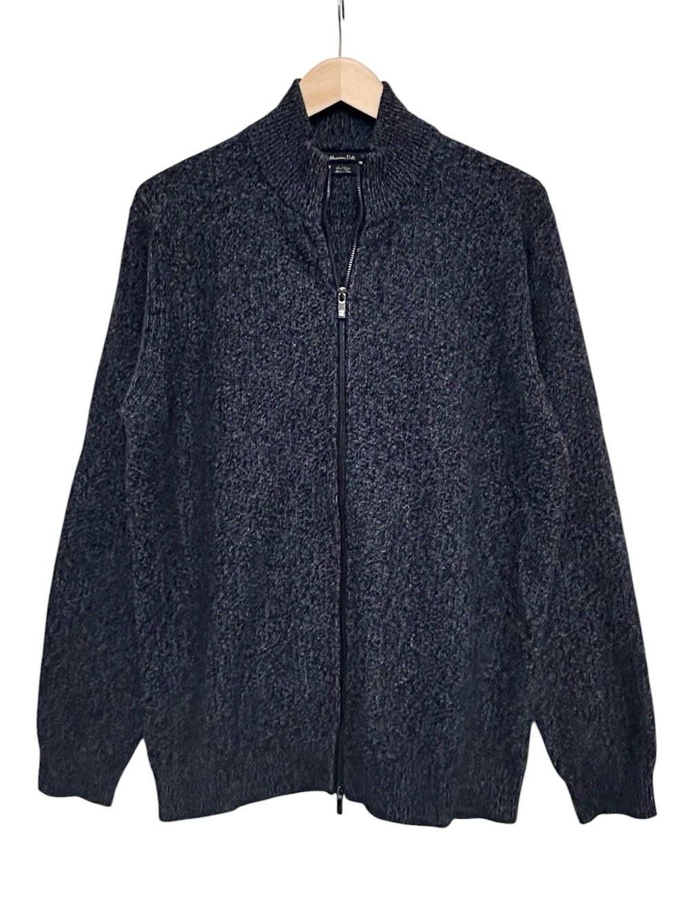 Massimo Dutti Men's Full Zip Wool Cotton Cardigan Navy Marl Elbow Patch XL